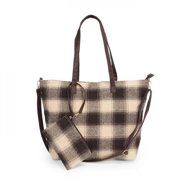 Vintage Coffee-brown Ling Plaid Leather Mini Tote Top Handle